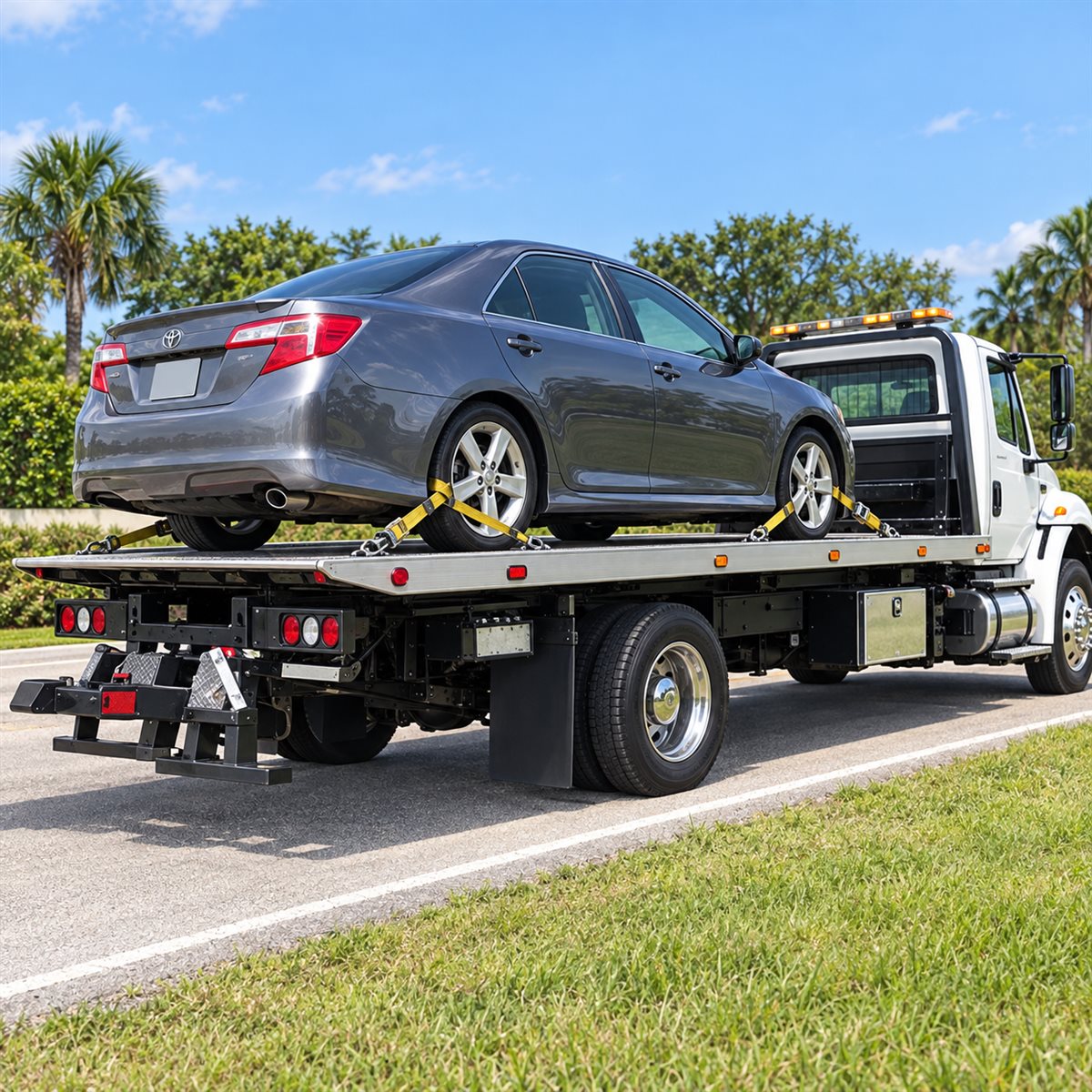 Car secured on a flatbed tow truck