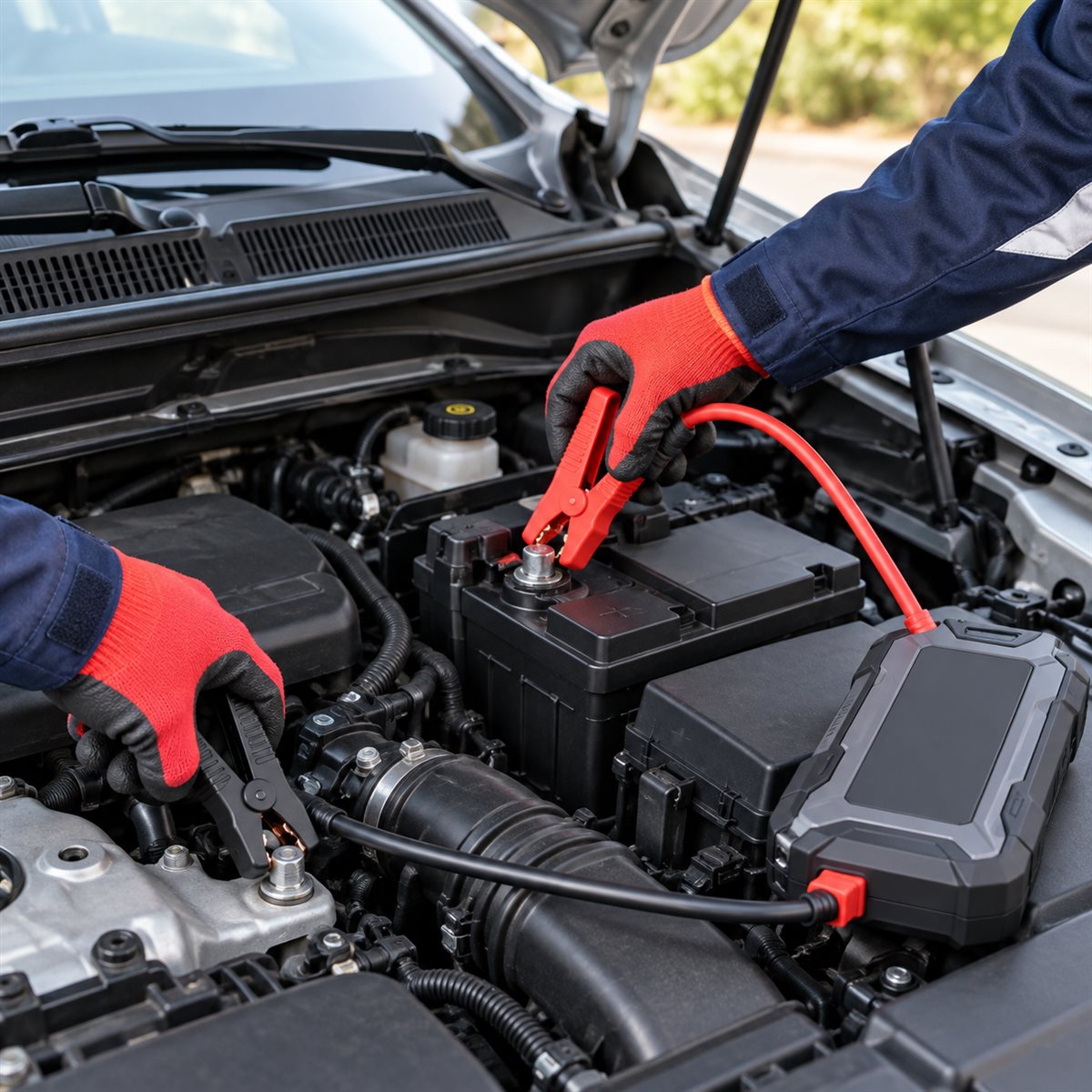 Jumper cables connected to a vehicle battery