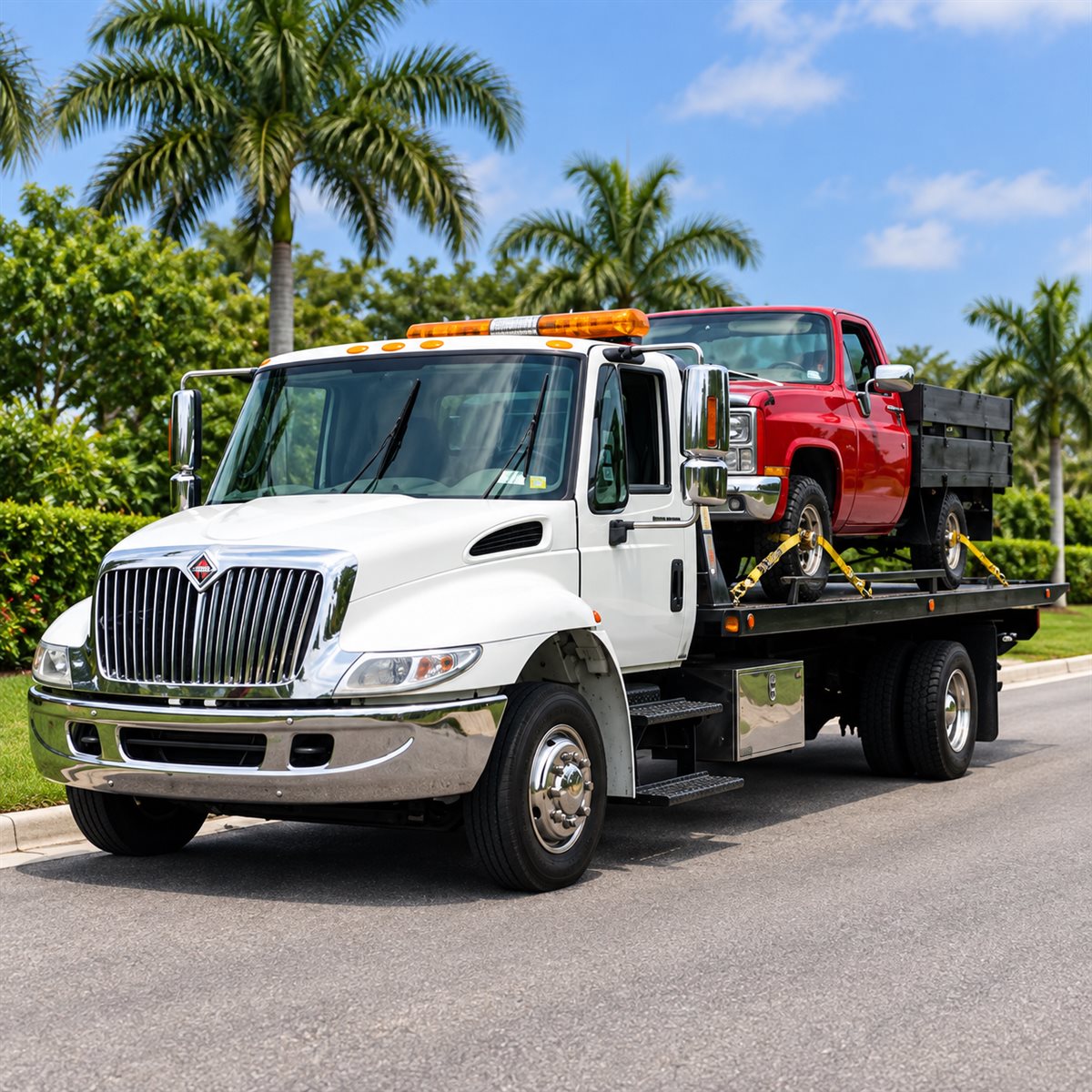 Truck transporting a vehicle
